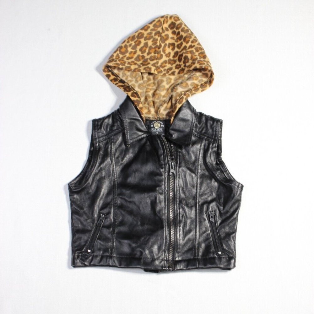 Enyce Black Faux Leather Sleeveless Zipper Pockets Hooded Full Zip Jacket Sz 4‎